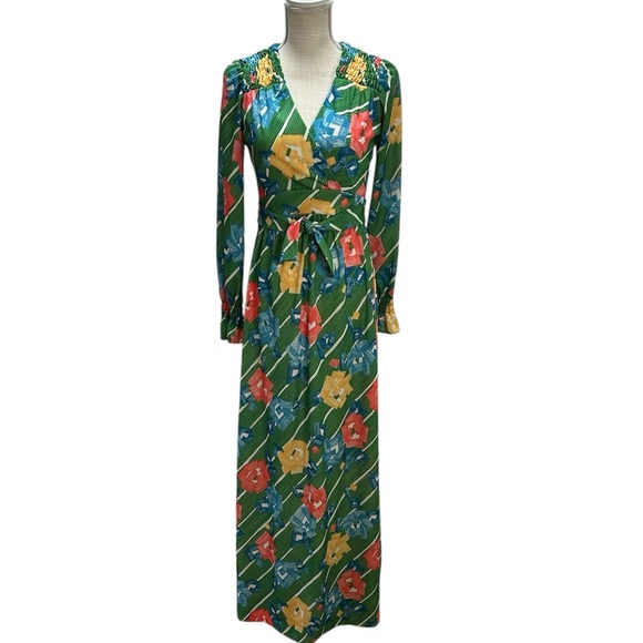 Vtg Union Made Leslie Fay Green Floral Maxi Dress 12 Long Sleeve Retro Boho 70’s - Picture 1 of 14